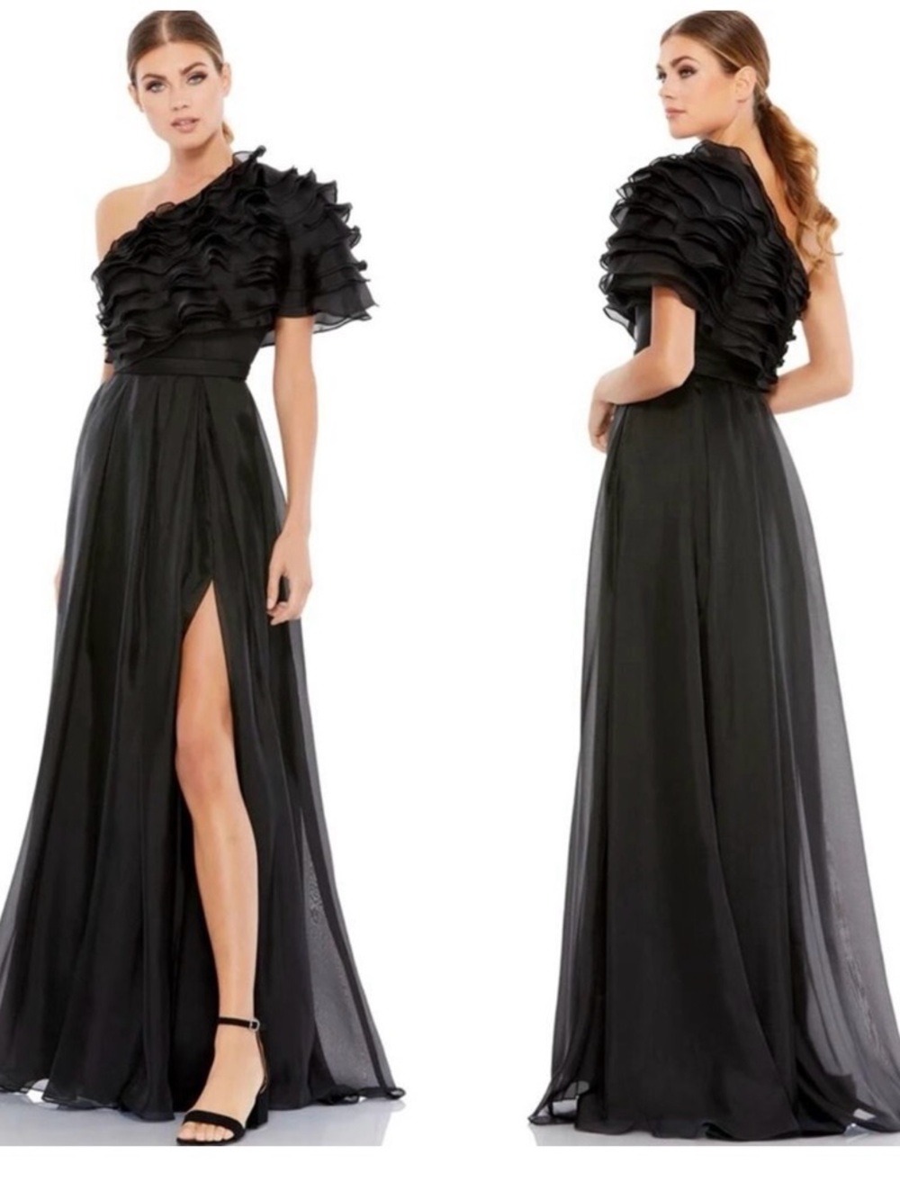 NWT Ieena For Mac Duggal Black Ruffle Layered Chiffon One Shoulder Gown Size 2